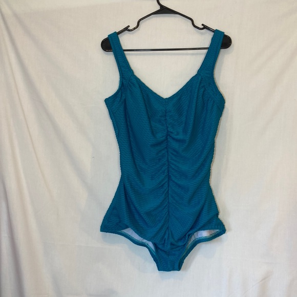 Maxine Of Hollywood Blue Ruched One Piece Swimsuit Size 16 - Picture 2 of 9